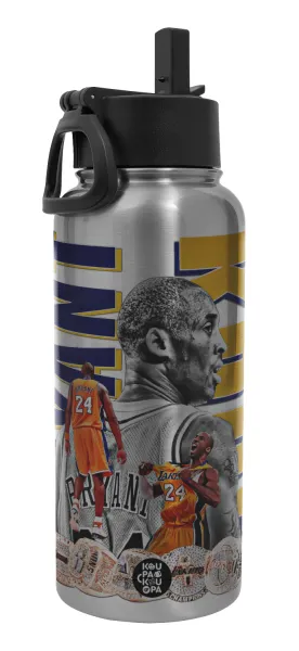 Kobe Bryant — Μεταλλικό παγούρι θερμός Silver με καλαμάκι και χερούλι (Stainless steel), διπλού τοιχώματος, 950ml