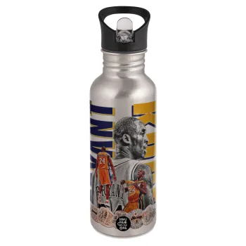 Kobe Bryant, Water bottle Silver with straw, stainless steel 600ml
