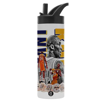 Kobe Bryant, Metallic thermos bottle with straw & handle, stainless steel (Stainless steel 304), double-walled, 600ml.