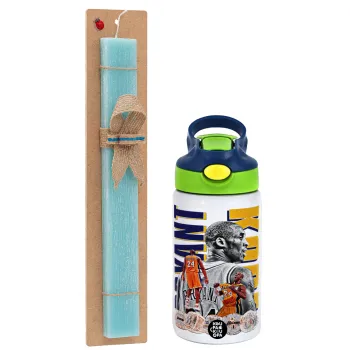 Kobe Bryant, Easter Set, Children's thermal stainless steel bottle with safety straw, green/blue (350ml) & aromatic flat Easter candle (30cm) (TURQUOISE)