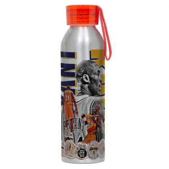 Kobe Bryant, Αλουμινένιο Αθλητικό Μπουκάλι 650ml – Ασημί με Κόκκινο Καπάκι και Λουράκι Σιλικόνης