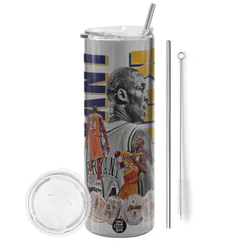 Kobe Bryant, Tumbler ποτήρι θερμό Ασημένιο από ανοξείδωτο ατσάλι 600ml, με μεταλλικό καλαμάκι & βούρτσα καθαρισμού