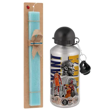 Kobe Bryant, Easter Set, metallic silver aluminum water bottle (500ml) & scented flat Easter candle (30cm) (TURQUOISE)