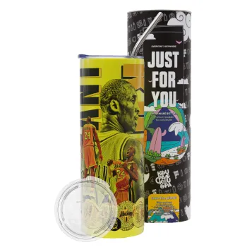 Kobe Bryant, Neon Yellow Travel Tumbler θερμό, μεταλλικό καλαμάκι(Ανωξείδωτο 304 Food grade, BPA free, 600ml)