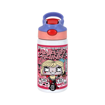 Harley Quinn (Χάρλεϊ Κουίν), Παιδικό παγούρι θερμό, ανοξείδωτο, με καλαμάκι ασφαλείας, ροζ/μωβ (350ml)