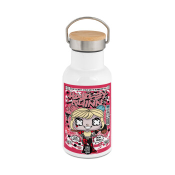 Harley Quinn (Χάρλεϊ Κουίν), Metallic thermos (Stainless steel) White with wooden lid (bamboo), double-walled, 350ml