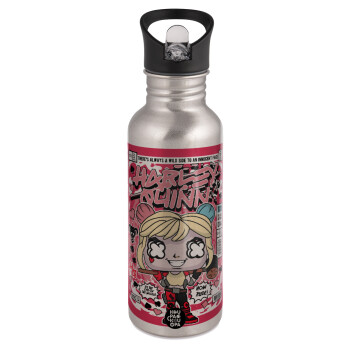 Harley Quinn (Χάρλεϊ Κουίν), Παγούρι νερού Ασημένιο με καλαμάκι, ανοξείδωτο ατσάλι 600ml