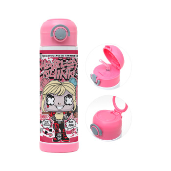 Harley Quinn (Χάρλεϊ Κουίν), Παιδικό παγούρι θερμό, ανοξείδωτο, με καλαμάκι ασφαλείας, ΡΟΖ (500ml)