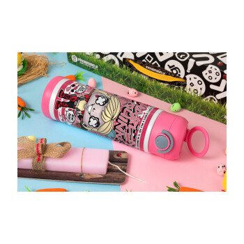 Harley Quinn (Χάρλεϊ Κουίν), Πασχαλινή Λαμπάδα με Παιδικό παγούρι θερμό, ανοξείδωτο, με καλαμάκι ασφαλείας, ΡΟΖ (500ml)