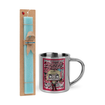 Harley Quinn (Χάρλεϊ Κουίν), Easter Set, metallic thermal cup (300ml) & aromatic flat Easter candle (30cm) (TURQUOISE)