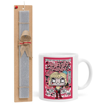 Harley Quinn (Χάρλεϊ Κουίν), Easter Set, Ceramic Cup (330ml) & Easter aromatic flat candle (30cm) (GRAY)