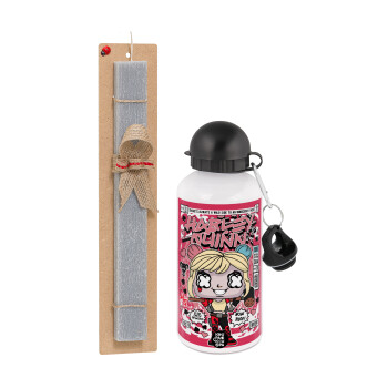 Harley Quinn (Χάρλεϊ Κουίν), Easter Set, metallic aluminum water bottle (500ml) & aromatic flat Easter candle (30cm) (GRAY)