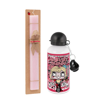 Harley Quinn (Χάρλεϊ Κουίν), Πασχαλινή Λαμπάδα με παγούρι μεταλλικό αλουμινίου (500ml) & κερί αρωματικό πλακέ (30cm) (ΡΟΖ)