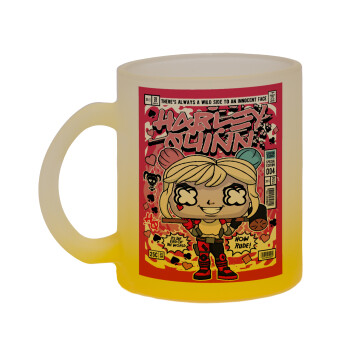 Harley Quinn (Χάρλεϊ Κουίν), Κούπα γυάλινη δίχρωμη με βάση το κίτρινο ματ, 330ml