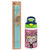 Easter Set, Children's thermal stainless steel bottle with safety straw, green/blue (350ml) & aromatic flat Easter candle (30cm) (TURQUOISE)