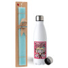 Easter Set, metallic stainless steel water bottle (750ml) & aromatic flat Easter candle (30cm) (TURQUOISE)