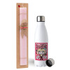 Easter Set, metallic stainless steel water bottle (750ml) & scented flat Easter candle (30cm) (PINK)