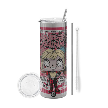 Harley Quinn (Χάρλεϊ Κουίν), Tumbler ποτήρι θερμό Ασημένιο από ανοξείδωτο ατσάλι 600ml, με μεταλλικό καλαμάκι & βούρτσα καθαρισμού