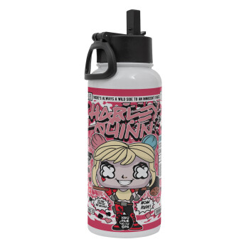 Harley Quinn (Χάρλεϊ Κουίν), Metal mug thermo White with Straw and Spout Lid (Stainless steel), double wall, 950ml