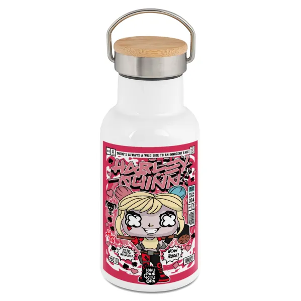 Harley Quinn (Χάρλεϊ Κουίν) — Metallic thermos (Stainless steel) White with wooden lid (bamboo), double-walled, 350ml
