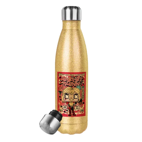 Harley Quinn (Χάρλεϊ Κουίν) — Glitter gold stainless steel thermos bottle, double-walled, 500ml