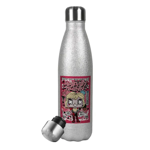 Harley Quinn (Χάρλεϊ Κουίν) — Metallic Glitter Silver Thermos Flask (Stainless steel), double-walled, 500ml