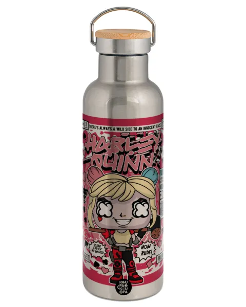Harley Quinn (Χάρλεϊ Κουίν) — Stainless steel Silver with wooden lid (bamboo), double wall, 750ml