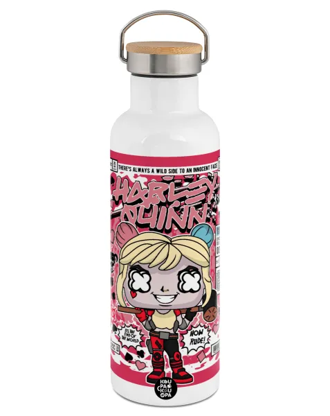 Harley Quinn (Χάρλεϊ Κουίν) — Stainless steel White with wooden lid (bamboo), double wall, 750ml