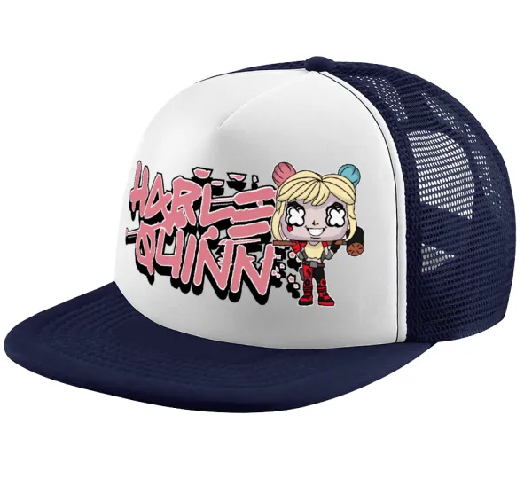 Harley Quinn (Χάρλεϊ Κουίν) — Adult Soft Trucker Hat with Dark Blue/White Mesh (POLYESTER, ADULT, UNISEX, ONE SIZE)