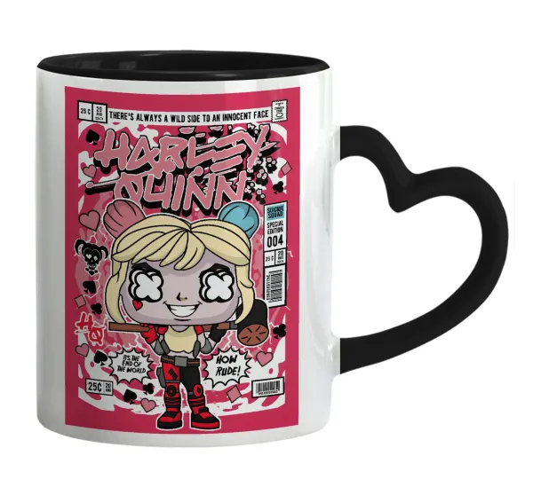 Harley Quinn (Χάρλεϊ Κουίν) — Κούπα καρδιά χερούλι μαύρη, κεραμική, 330ml