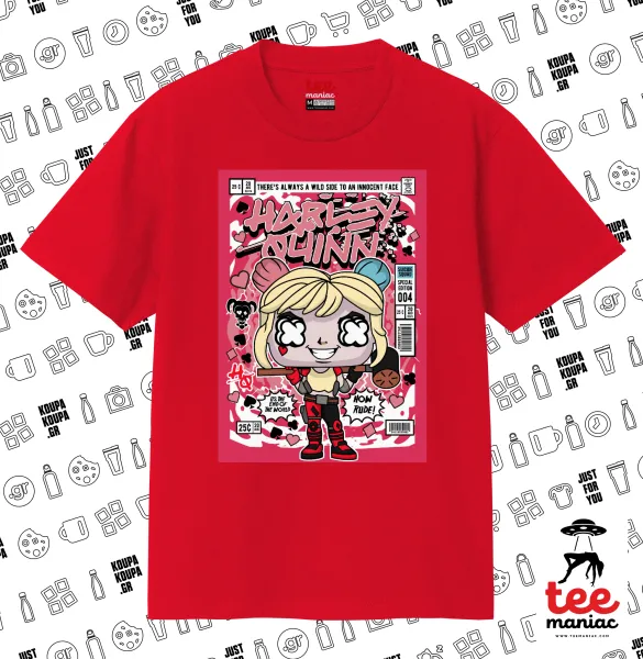 Harley Quinn (Χάρλεϊ Κουίν) — ΚΟΚΚΙΝΟ Κλασικό T-Shirt, διπλής ραφής, χωρίς πλευρικές ραφές από 100% βαμβάκι. Vegan & OEKO-TEX πιστοποιημένο.