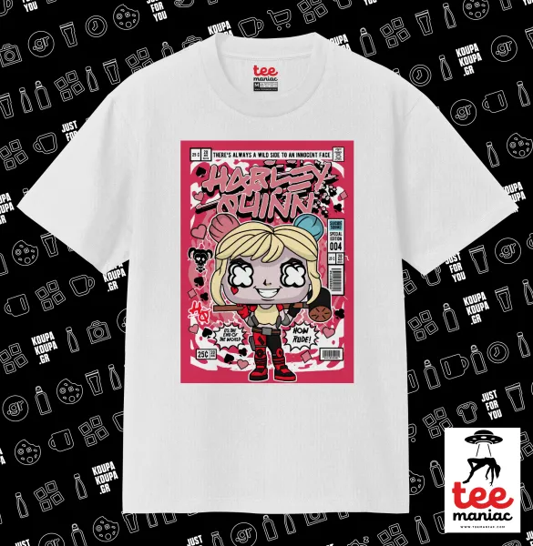 Harley Quinn (Χάρλεϊ Κουίν) — ΛΕΥΚΟ Κλασικό T-Shirt, διπλής ραφής, χωρίς πλευρικές ραφές από 100% βαμβάκι. Vegan & OEKO-TEX πιστοποιημένο.