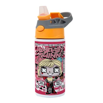 Harley Quinn (Χάρλεϊ Κουίν), Children's hot water bottle, stainless steel, with safety straw, Orange/Grey (360ml) BPA-FREE
