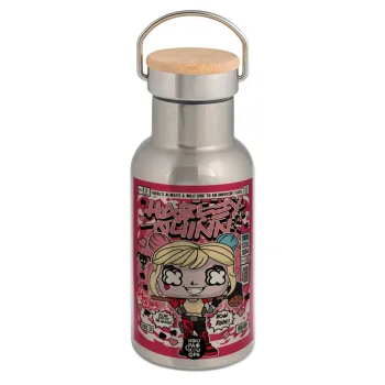 Harley Quinn (Χάρλεϊ Κουίν), Μεταλλικό παγούρι θερμός (Stainless steel) Ασημένιο με ξύλινο καπακι (bamboo), διπλού τοιχώματος, 350ml