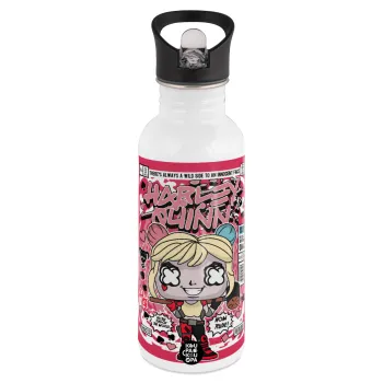 Harley Quinn (Χάρλεϊ Κουίν), Παγούρι νερού Λευκό με καλαμάκι, ανοξείδωτο ατσάλι 600ml