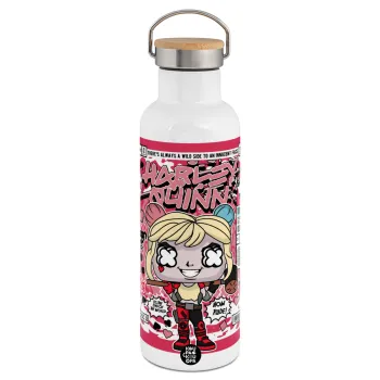 Harley Quinn (Χάρλεϊ Κουίν), Μεταλλικό παγούρι θερμός (Stainless steel) Λευκό με ξύλινο καπάκι (bamboo), διπλού τοιχώματος, 750ml
