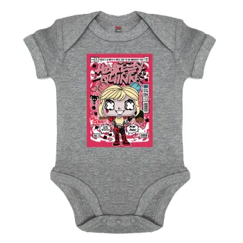 Harley Quinn (Χάρλεϊ Κουίν), Βρεφικό φορμάκι μωρού, 0-18 μηνών, ΓΚΡΙ ΜΕΛΑΝΖΕ, 100% Organic Cotton, κοντομάνικο
