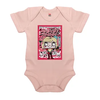 Harley Quinn (Χάρλεϊ Κουίν), Βρεφικό φορμάκι μωρού, 0-18 μηνών, ΡΟΖ POWDER, 100% Organic Cotton, κοντομάνικο