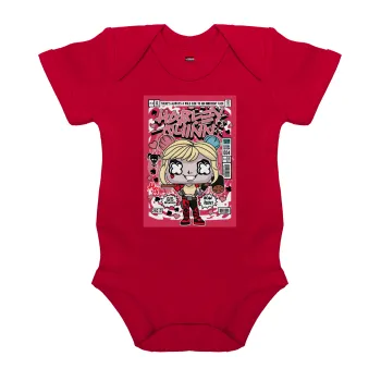 Harley Quinn (Χάρλεϊ Κουίν), Βρεφικό φορμάκι μωρού, ΚΟΚΚΙΝΟ, 100% Organic Cotton, κοντομάνικο