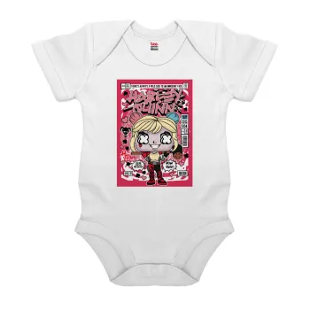 Harley Quinn (Χάρλεϊ Κουίν), Βρεφικό φορμάκι μωρού, 0-24 μηνών, ΛΕΥΚΟ, 100% Organic Cotton, κοντομάνικο