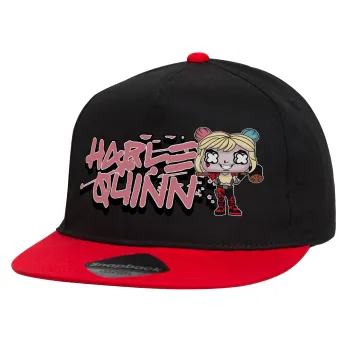 Harley Quinn (Χάρλεϊ Κουίν), Children's Flat Snapback Hat, Black/Red (100% COTTON, CHILDREN'S, UNISEX, ONE SIZE)