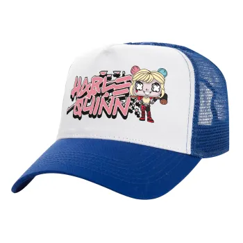 Harley Quinn (Χάρλεϊ Κουίν), Adult Structured Trucker Hat, with Mesh, WHITE/BLUE (100% COTTON, ADULT, UNISEX, ONE SIZE)