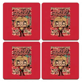 Harley Quinn (Χάρλεϊ Κουίν), ΣΕΤ x4 Σουβέρ ξύλινα τετράγωνα plywood (9cm)