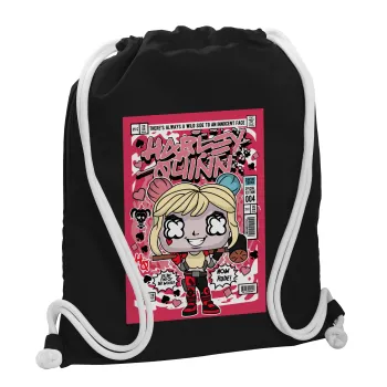 Harley Quinn (Χάρλεϊ Κουίν), Τσάντα πλάτης πουγκί GYMBAG Μαύρη, με τσέπη (40x48cm) & χονδρά λευκά κορδόνια