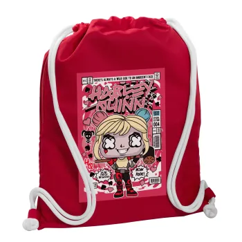 Harley Quinn (Χάρλεϊ Κουίν), Τσάντα πλάτης πουγκί GYMBAG Κόκκινη, με τσέπη (40x48cm) & χονδρά κορδόνια