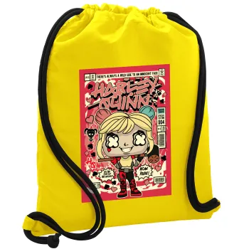 Harley Quinn (Χάρλεϊ Κουίν), Τσάντα πλάτης πουγκί GYMBAG Κίτρινη, με τσέπη (40x48cm) & χονδρά κορδόνια