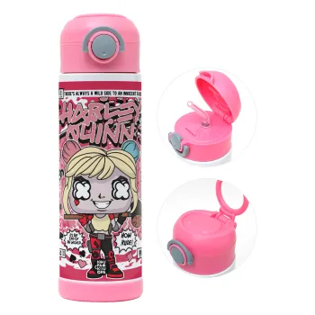 Harley Quinn (Χάρλεϊ Κουίν), Children's hot water bottle, stainless steel, with safety straw, PINK (500ml)