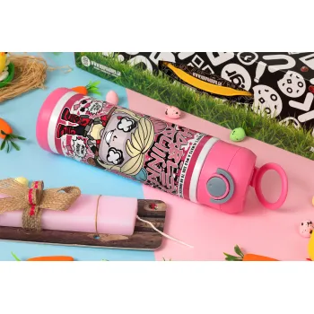 Harley Quinn (Χάρλεϊ Κουίν), Πασχαλινή Λαμπάδα με Παιδικό παγούρι θερμό, ανοξείδωτο, με καλαμάκι ασφαλείας, ΡΟΖ (500ml)