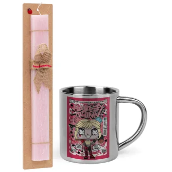 Harley Quinn (Χάρλεϊ Κουίν), Easter Set, metallic thermal cup (300ml) & aromatic flat Easter candle (30cm) (PINK)