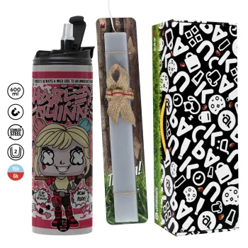Harley Quinn (Χάρλεϊ Κουίν), Πασχαλινή Λαμπάδα με Travel Tumbler θερμό (600ml, BPA free) & κερί αρωματικό πλακέ (30cm) (ΓΚΡΙ)